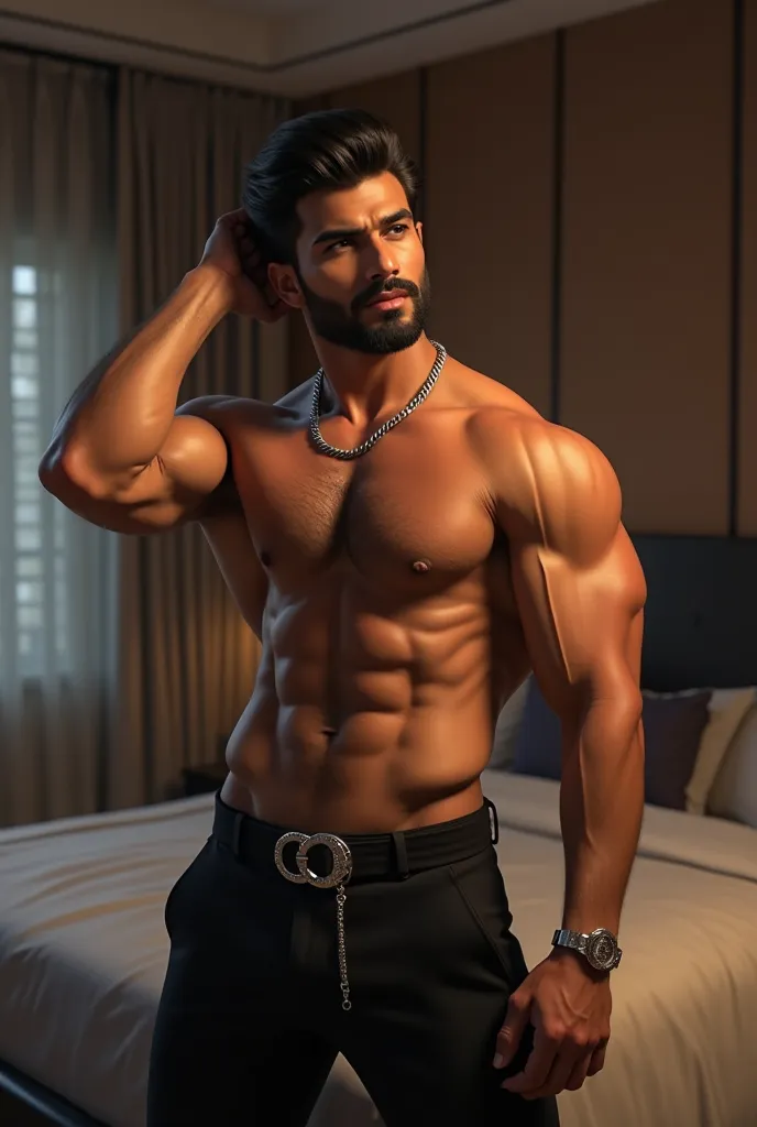 A highly detailed digital painting or 3D render of a muscular, shirtless Indian man with a warm, medium-brown skin tone. His thick, voluminous hair is styled in a modern, slightly wavy look, giving him a confident and charismatic appearance. He has a well-...