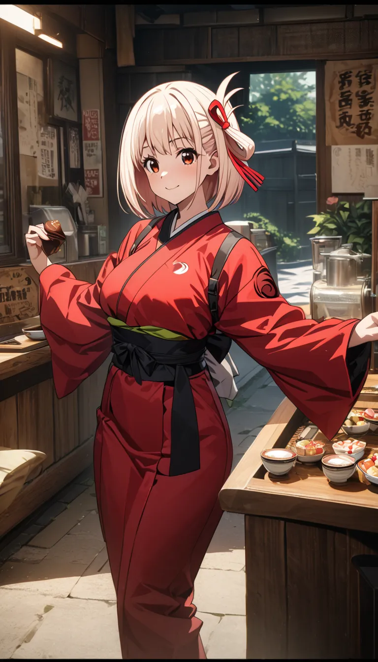 (beautiful girl : 1.3),1 girl,(chisato nishikigi),( red kimono,hair ornaments close to the garden),archic smile,Carrying Japanese sweets placed on Obon,Old coffee shop,masterpiece,Best Quality,Ultra High Resolution,rich contrasts,high image quality,8k,High...