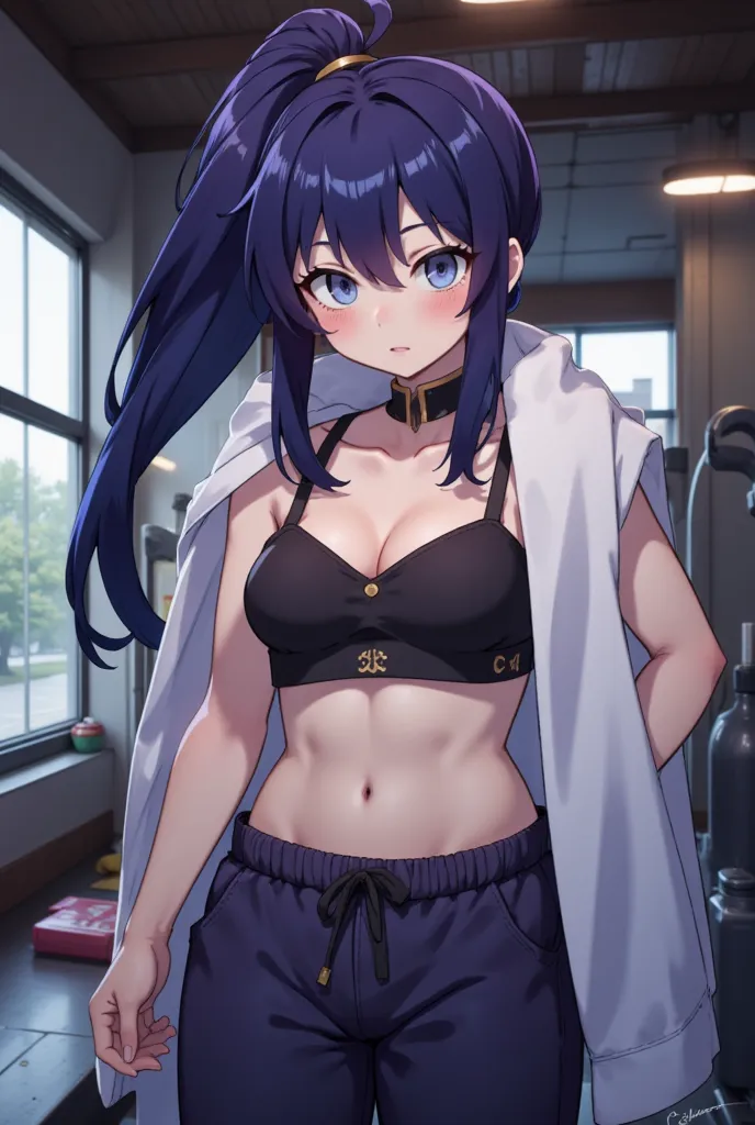 Raiden Ei from Genshin Impact, wearing a short crop top revealing her toned midriff, paired with loose pajama pants. Her body slightly glistening with sweat after an intense GYM workout. Her long indigo-purple hair tied up in a high ponytail with a hair ti...