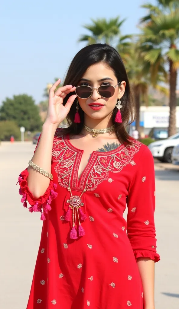 Create an image of a woman wearing a traditional Indian red Bandhani outfit with intricate embroidery and pink tassels. She is standing outdoors on a sunny day, wearing stylish round sunglasses and accessorized with a choker necklace, gold bracelets, and d...