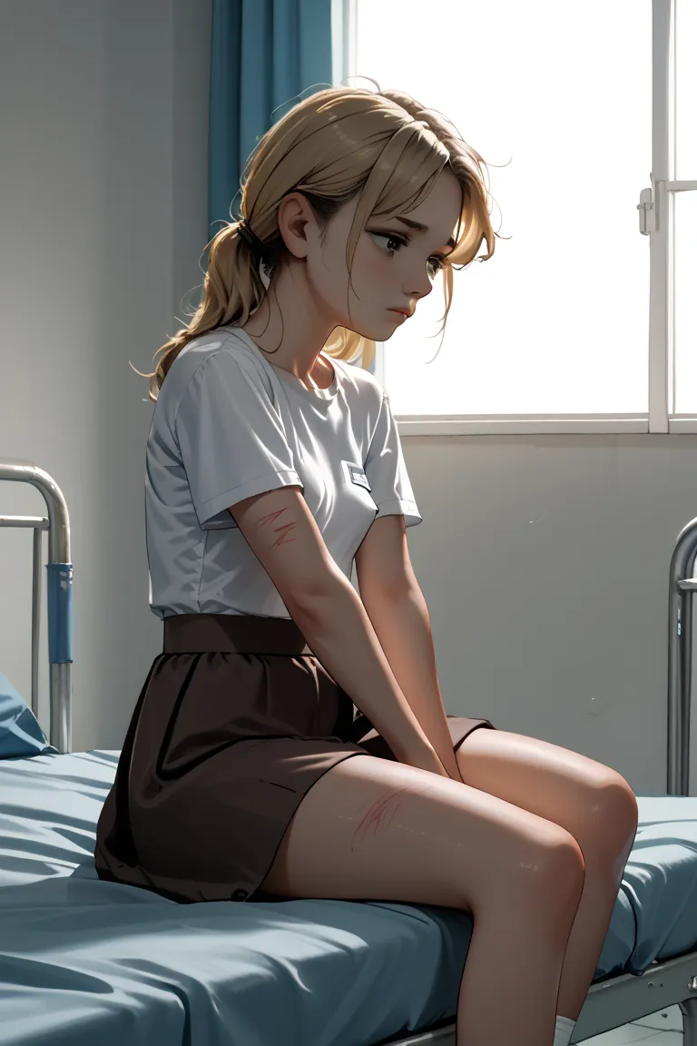 Self-harm scars, 1female, dark blonde hair, small breasts, depressed, long brown skirt, cropped t-shirt, mental hospital, masterpiece, high-resolution, best quality, sitting in a small hospital room