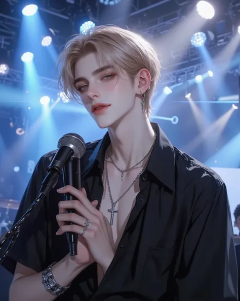 4k , 8k , manhwa , nevel , line art , semi real , (1 man) , (short hair blonde color with dark brown eyes) , beautiful face , good figured , wearing loose black shirt necklace silver accesories , idol pose , mouth Microphone , stage concert environments , ...