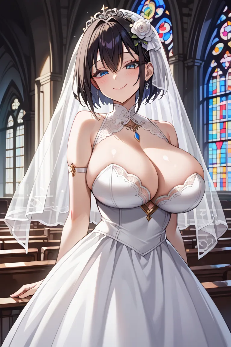 score_9, score_8_ up the side, score_7_ up the side, super precision , absolute resolution , 32K, Masterpiece, top quality, in ultra high quality,Beautiful face and eyes, beautiful Japanese girl , big breasts, (((clothed pizuri))), ((wedding venue from the...