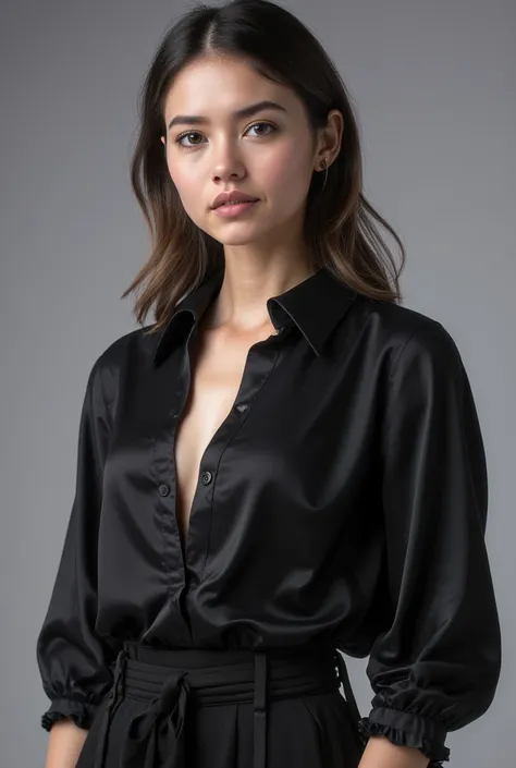 woman with black open blouse, lowered to elbows , Color fam.