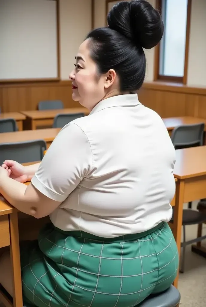 ((Rear View:1.5)),10 fat mature women in their 50s , giant hairbun,  8k,  Top Quality, masterpiece,  Ultra High Resolution ,(masterpiece:1.6,  Top Quality),   intricate details  , SCHOOL CLASSROOM、 sitting in the seat、White short sleeve collared shirt、 gre...