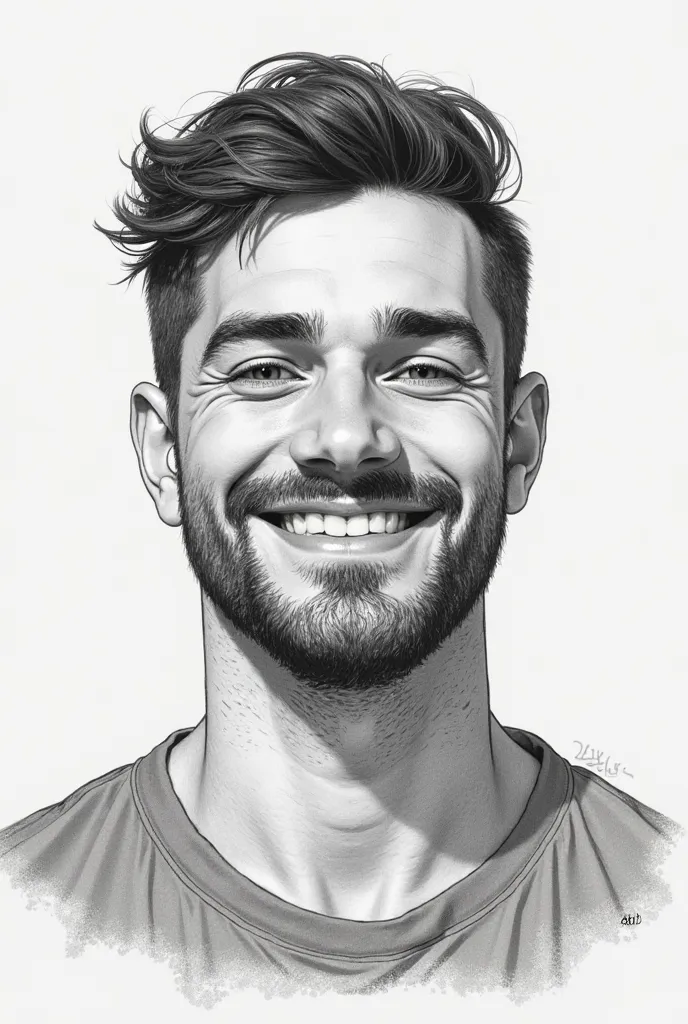 Character in pencil drawing style, in colors, short hair with a beard and mustache trimmed, Argentino, 1,65m tall, 77kg, round face,  22-year-old , With stripped-down clothes and smiling