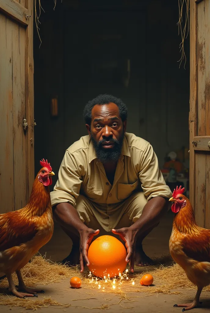 Black man shitting orange in the chicken coop