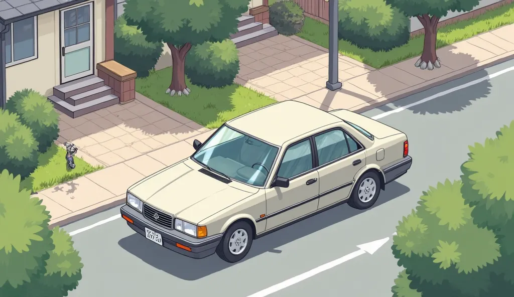 An isomataic anime art of a middle class family car on the residential road 