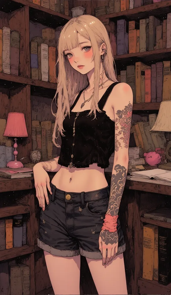 masterpiece、 high quality、  High detail、Art、background、  Tiered room 、 slim、 數位Art、 電影lamp、 Long straight hair、  Blonde Hair、 Avant-garde，Sleeveless Vest & Short Jeans、背部tattoo，tattoo，earphone、sexy girl with blond hair on both sides， full body photo、 Bare ...