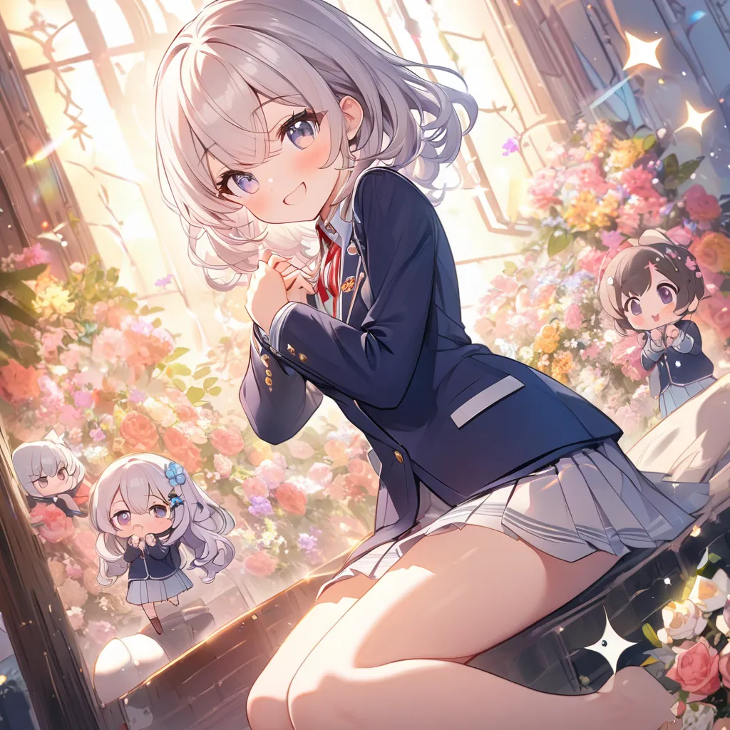 masterpiece, best quality, 4k、((2D illustration))、one beautiful girl、(((chibi style)))、solo、((cute chibi)), ((lens flare))、((sea of light)), ((white light)), ((colorful))、((warm colors))、((long beautiful hair)), glossy light silver hair, gradient hair colo...