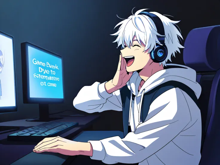 （ white hair）（ male）（ boy）（In front of the computer）（ game room）（Are you playing FPS games）（I'm wearing headphones）（dunk top）（ laughing）（ fresh ）（The game is being distributed）（ doya face）