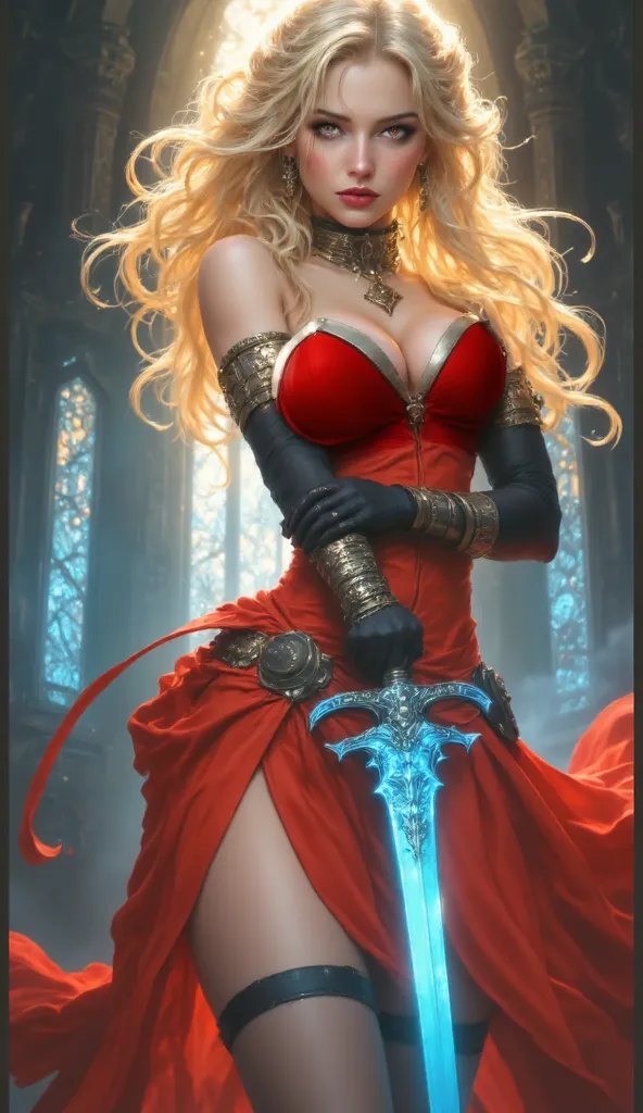 beautiful caucasian woman, blonde hair, dark eyes, long curly hair style, she is a sexiest warrior princess, wears a renaissance era a red royal long dress suit with awesome cleavage, carried a sword, huge boobs, extra large breast, sensuality pose, standi...