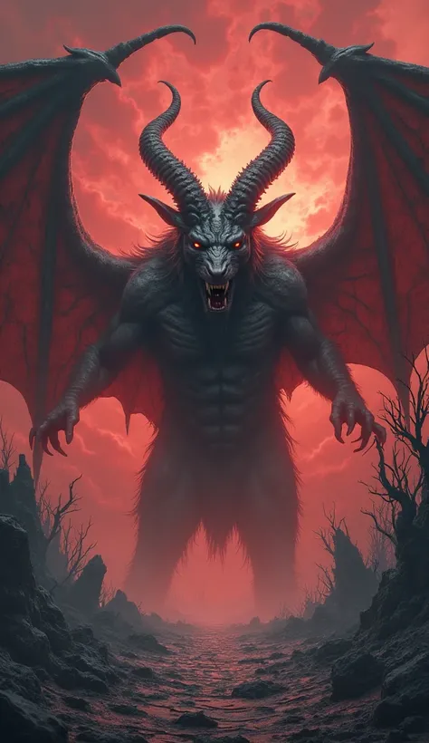 A demon king with a goat's head and bat wings 