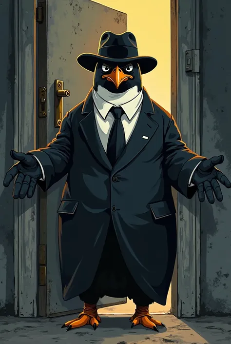 A mafia PENGUIN inviting to enter, pointing to the door lock. with a black, yellow and gray background. In 2d