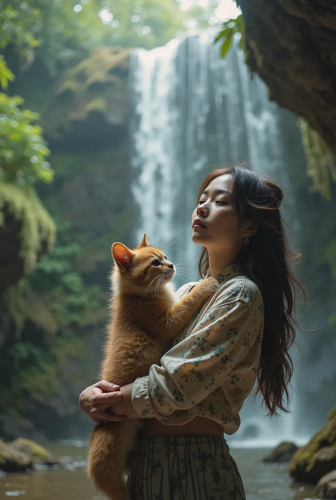 there is a woman holding a  in her arms, a picture by Yi Insang, tumblr, sumatraism, with a , taken in zoo, in disney, with a chinese temple, shot on nikon d 3 2 0 0, real picture taken in zoo, in jungle, in hong kong, waterfalls in the background, in a ca...