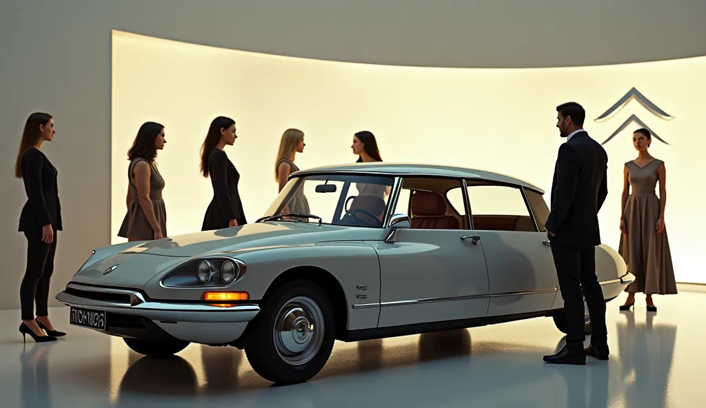 In sleek showroom 1985 Citroen DS21 Man five woman six in back wall logo citroen 