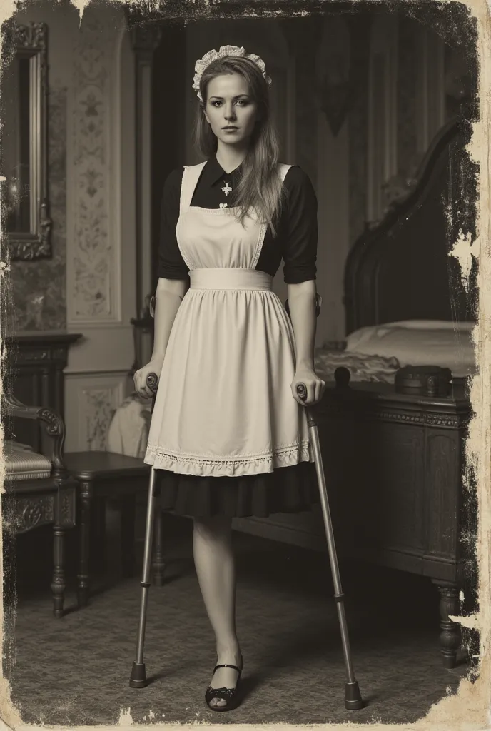 An old black-and-white photo with scuffs and scratches. A little sepia. Highest quality (16 KB, high resolution, masterpiece: 1.5), excellent detail (realistic, photorealistic image). A beautiful one-legged woman on one leg (one-legged), leaning on worn-ou...