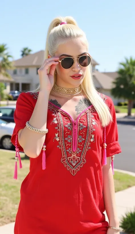 Create an image of a woman with a long, straight, silky platinum blonde ponytail, wearing a traditional Indian red Bandhani outfit with intricate embroidery and pink tassels. She is standing outdoors on a sunny day, wearing stylish round sunglasses and acc...