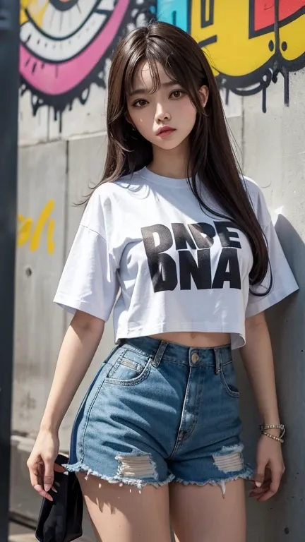 solo , 1girl ,  long hair , shirt hip hop styes , big breast , Short pants hip hop styes , graffiti pattern shirt