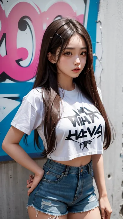 solo , 1girl ,  long hair , shirt hip hop styes , big breast , Short pants hip hop styes , graffiti pattern shirt