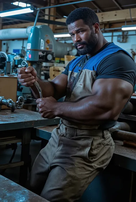 Masterpiece, Accurate, Award Winning, Best Quality, Extremely Detailed, 8K, HD, Super-Resolution, Dynamic Depth of Field, Photorealistic, Full Coloured, Realistic Skin and Hair Texture, ((a 35-year-old, dark-skinned African workshop teacher with deep ebony...
