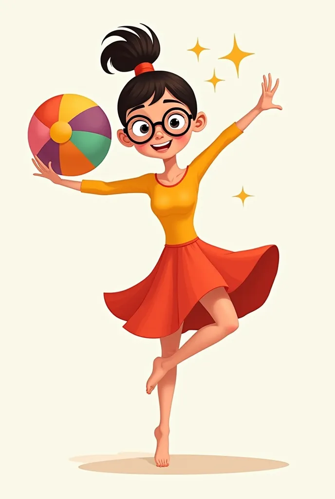 A cartoon of a girl with glasses doing gymnastics with a ball in her hand, The position standing and wearing a bodysuit with a skirt