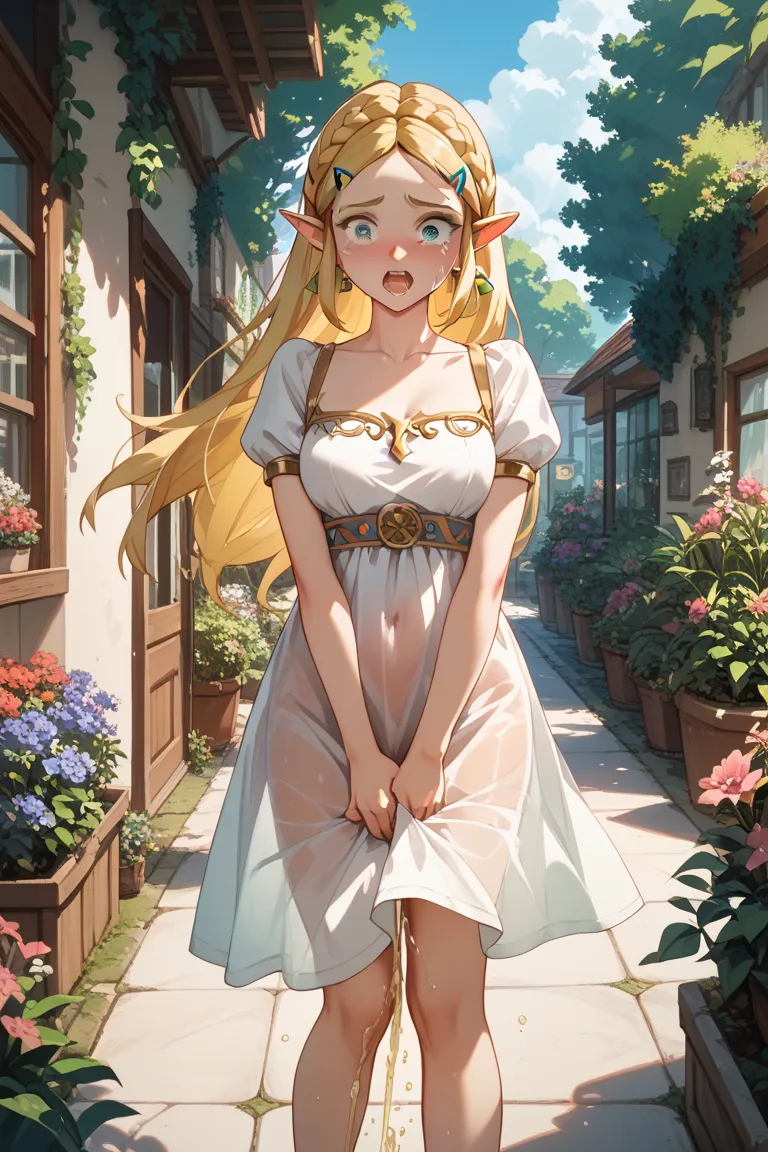 Princess Zelda、garden、see-through dress、 hold your crotch with your hands、One hand hits the ground、 pees leaking、 crouch、Fully visible、Urinating、 teary eyes in the store、 open your mouth and scream