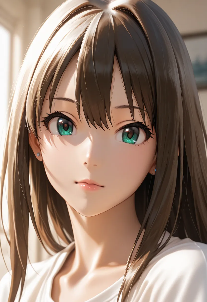 masterpiece, best quality, vibrant, very aesthetic, high contrast, photorealistic portrait,beautiful detailed face,detailed texture,detailed skin, newest, 1girl,Idolmaster ,source_Idolmaster ,shibuya rin,shirt,room
