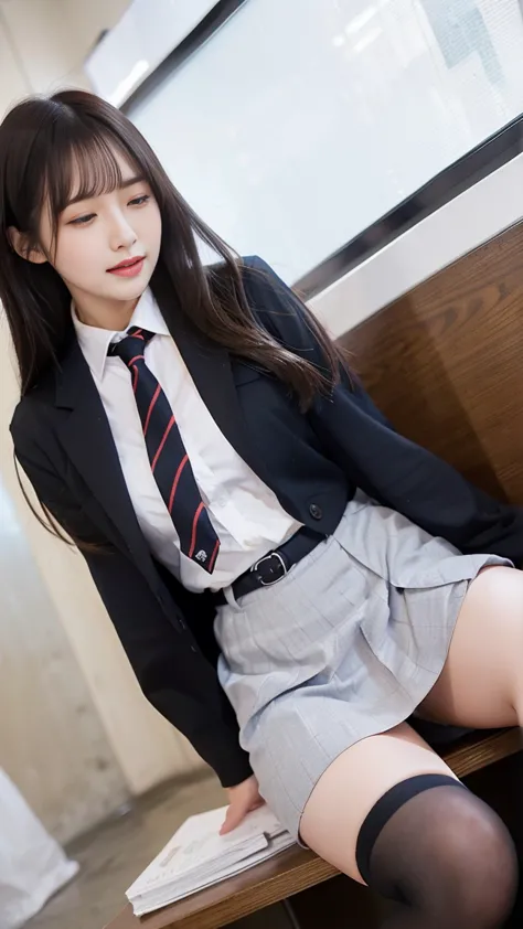 nsfw, Best Quality、High resolution、8k、A beautiful high school girl spreads her legs to show off her pussy、Long Black Hair、big breasts、school uniform、long sleeve shirt、  miniskirt 、 ties、Great style、nsfw,  ,  legs wide open :1.5, Pussy:1.5, Detailed Pussy:2...