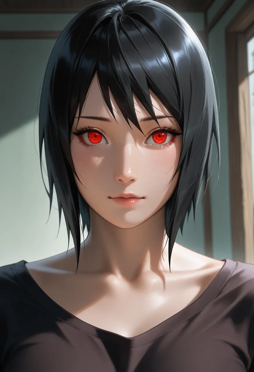 masterpiece, best quality, vibrant, very aesthetic, high contrast, photorealistic portrait,beautiful detailed face,detailed texture,detailed skin, newest, 1girl,naruto,source_ naruto,shizune,black hair,shirt,room
