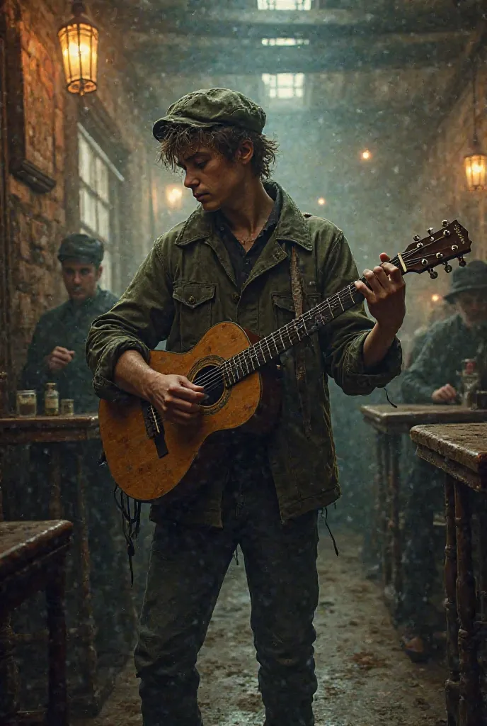 A young drunken bully with a guitar in a cap in a pub early twentieth century russia