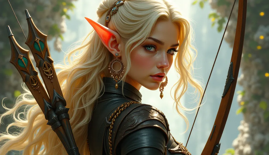 Elf archer beautiful blonde hair bele soft and white flamboyant earrings and accessories.  leather armor  . detailed bow we can add "artstation, digital painting, highly detailed, fantasy concept art, brushstrokes".full body. sexy full body clothes. paint ...