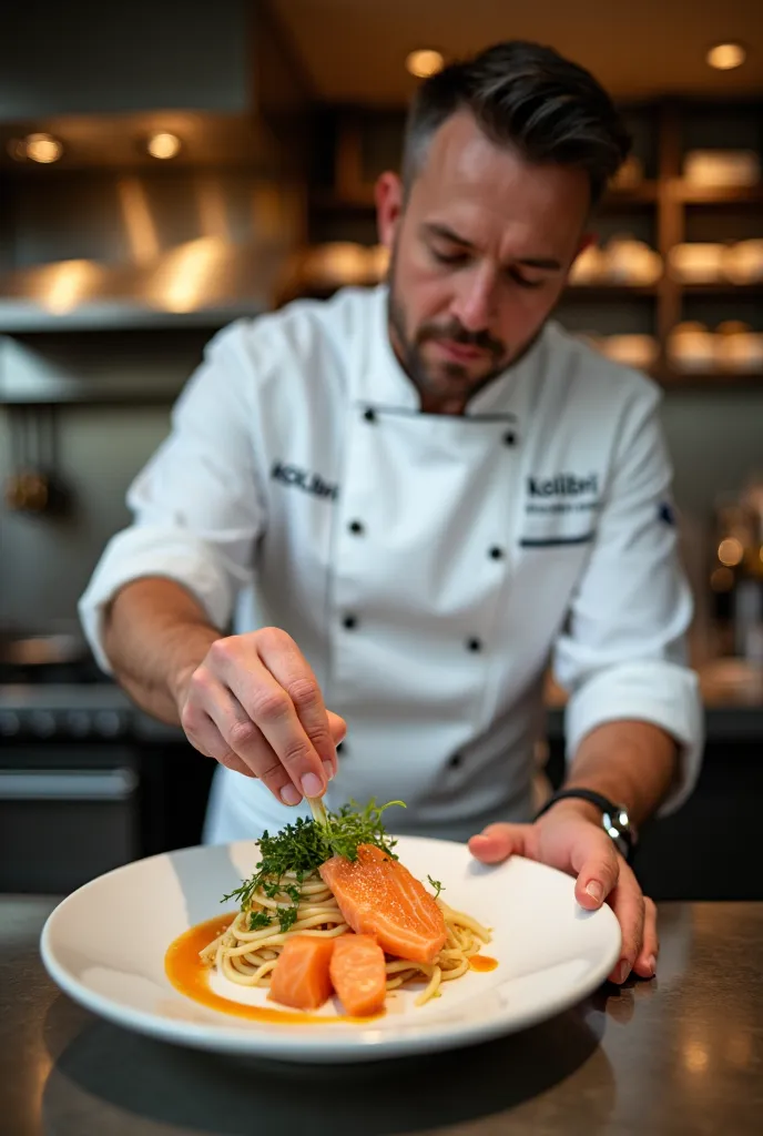 

Create an image of a chef making salmon pasta in the professional kitchen of the Kolibri restaurant. The chef is dressed in a stylish white uniform with the restaurant's logo on his chest. He carefully puts fresh pasta with tender salmon slices on a gour...