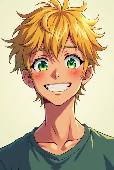 Generate an anime-style image of a 19-year-old boy. He is blond, green eyes, Slim with a small build.  measures 1.68m. Do it smiley and with dimples on the cheeks.