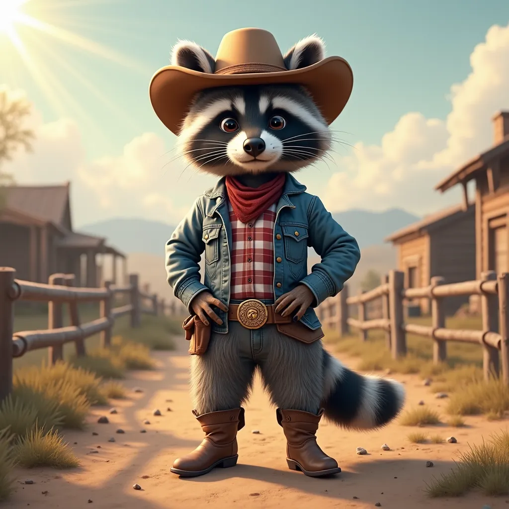 a realistic racoon dressed as a cowgirl