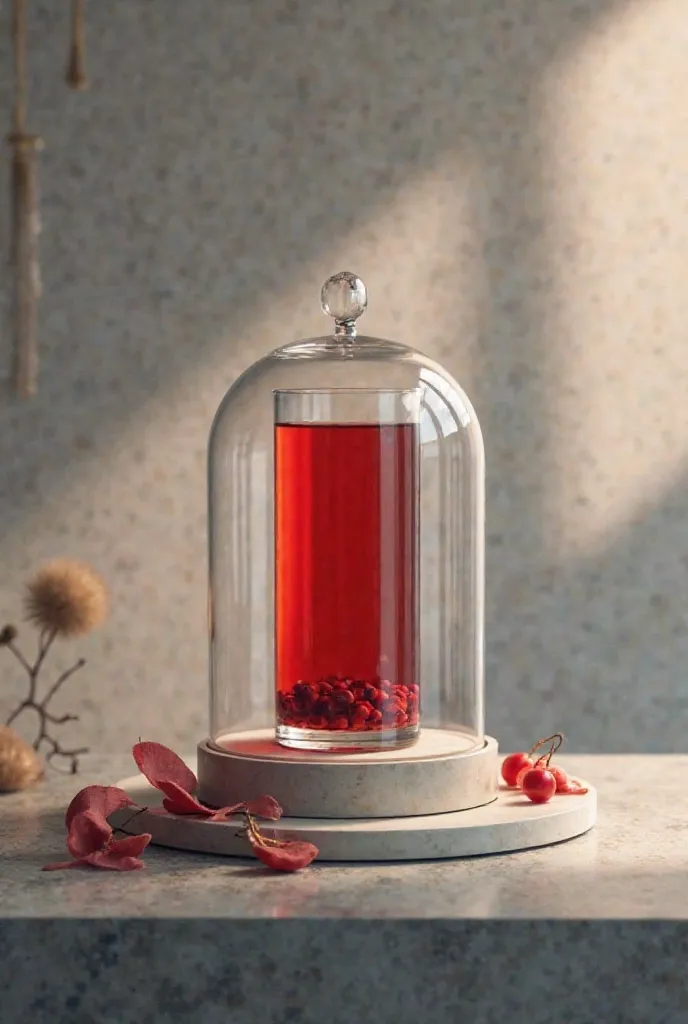 A glass of red bean tea is contained in a glass case with a strap placed on a gray aluminum table