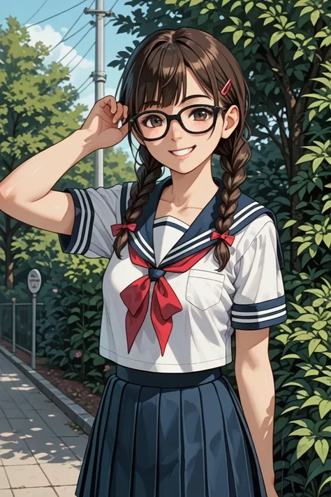 standing,smile,
shiho, glasses, brown hair, twin braids, serafuku, pleated skirt