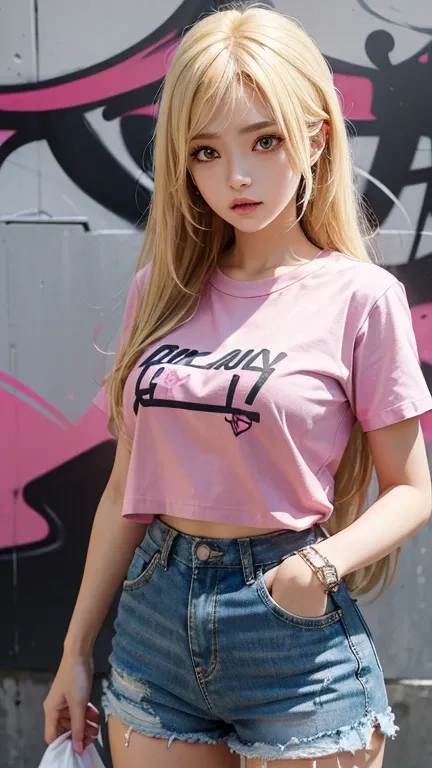 solo , 1girl , Blonde long hair , pink shirt hip hop styes , big breast , Short pants hip hop styes , graffiti pattern shirt