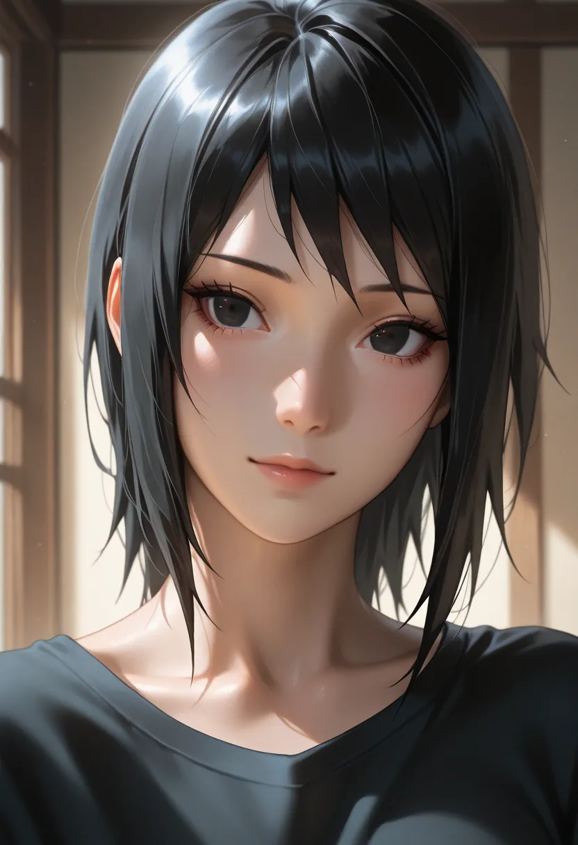 masterpiece, best quality, vibrant, very aesthetic, high contrast, photorealistic portrait,beautiful detailed face,detailed texture,detailed skin, newest, 1girl,naruto,source_ naruto,shizune,black hair,black eyes,shirt,room
