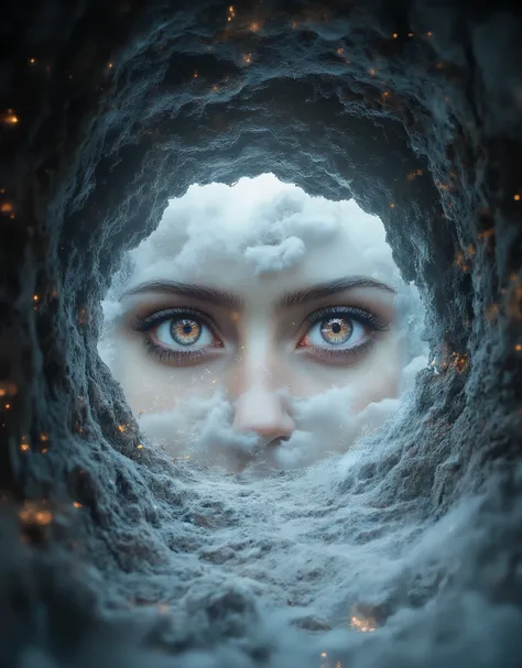 in style of Holography , in style of Holography , portrait，（A pair of beautiful eyes are reflected in the glowing portal：1.37），Cave，Heavy fog，, 《The Frozen Throne》，Cave，Thick fog，heavy snow，portal requires a trigger setting function， double exposure, 4K, E...