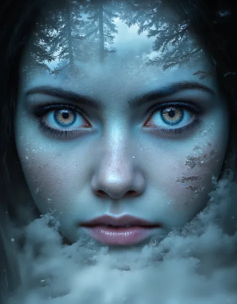 in style of Holography , in style of Holography , portrait，（A pair of beautiful eyes are reflected in the glowing portal：1.37），Cave，Heavy fog，, 《The Frozen Throne》，Cave，Thick fog，heavy snow，portal requires a trigger setting function， double exposure, 4K, E...