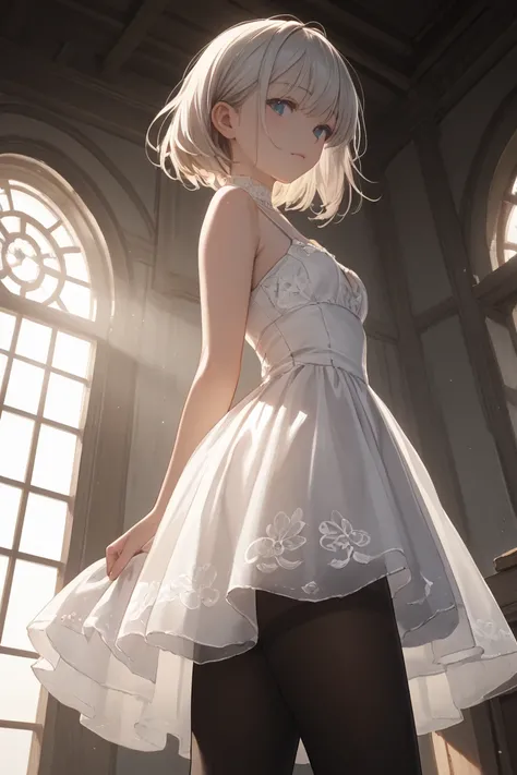 ((focus leg)),((Only the chest and below are shown)),there is a woman in a white dress, ((black pantyhose)), wearing stockings. side-view,  soft lighting,  afternoon sunlight,soft light from the window, smooth translucent white skin, soft morning light. hy...