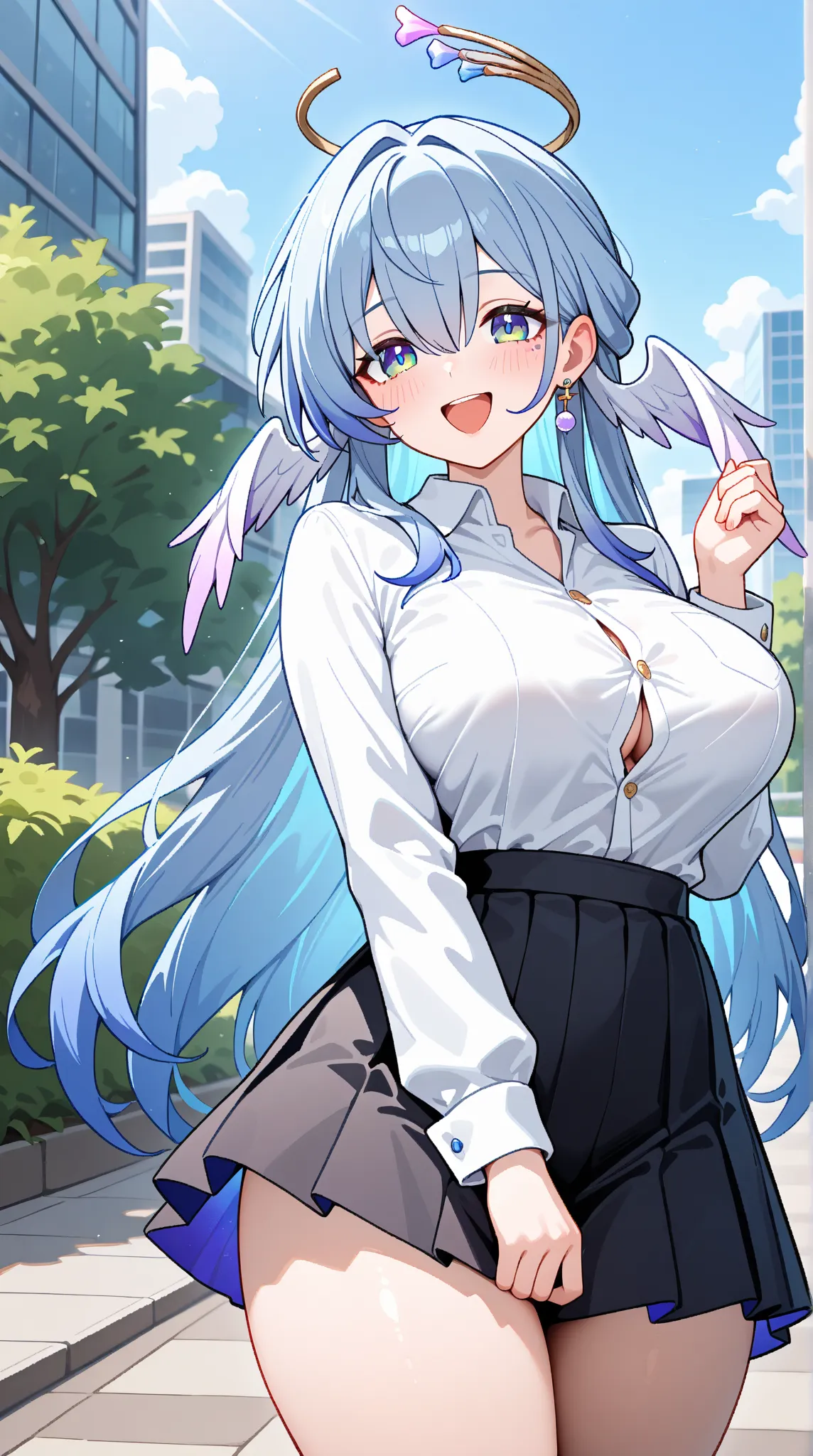 1 girl, solo, long hair, large breasts, looking at viewer, blush, blue eyes, hair between eyes, thick thighs,  green eyes, blue hair, cowboy shot, earrings, white shirt,business shirt,taut shirt, 
black skirt,pleated skirt,  halo,  head wings, outdoors, ro...