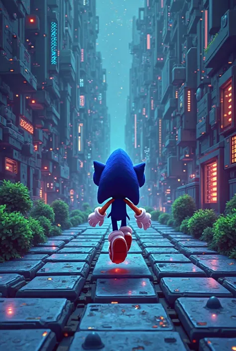 Sonic inside a pixelated virtual world, trying to run on a road of square blocks, with digital lights and the environment in 8-bit style.