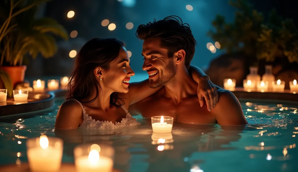 "A loving couple enjoying a moonlit soak in a secret grotto, surrounded by glowing orbs and floating candles. The woman, draped in an ethereal translucent gown, runs her fingers through the man’s damp hair while he smiles with his eyes closed. The reflecti...