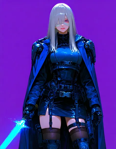 8k Wallpaper、 masterpiece、最 high quality 、 high quality 、 high detail、、 very aesthetic , absurd,  latest, Female 1、 Gray Hair 、 long hair、 blue leather combat uniform, Cape、 miniskirt、目にbandage、bandage 、 garter belt、stockings、small breasts 、 Beam sword、 Be...