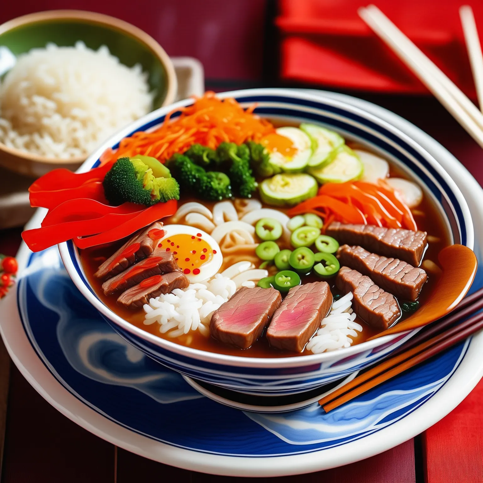 1 girl is eating, a porcelain bowl with a blue pattern、hot々A large serving of white rice、serve beef, ginger, and onions boiled in soy sauce in a tight bowl、miso soup in a cheap wooden bowl、Disposable chopsticks、place incense on a small porcelain round plat...