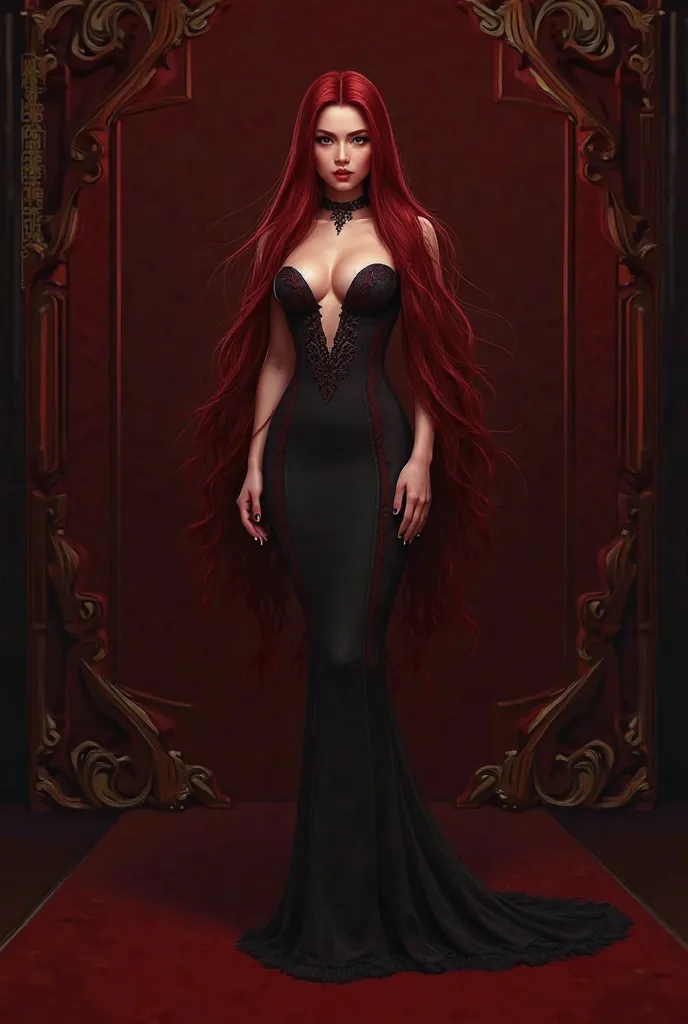 Can you create me an Asian girl with long red dark hair. She has to dress like a baddie, like heels and a long dress, with a fur on. The background has to be some royal place with red (not too much) and black. Make me see her ONLY a bit, from her breasts. 