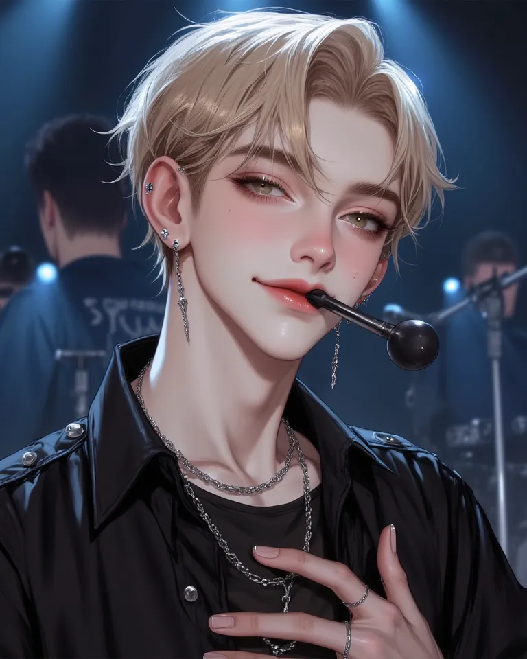 4k , 8k , manhwa , nevel , line art , semi real , (1 man) , (short hair blonde color with dark brown eyes) , beautiful face , good figured , wearing loose black shirt necklace silver accesories , idol pose , ear and mouth set Microphone , stage concert env...