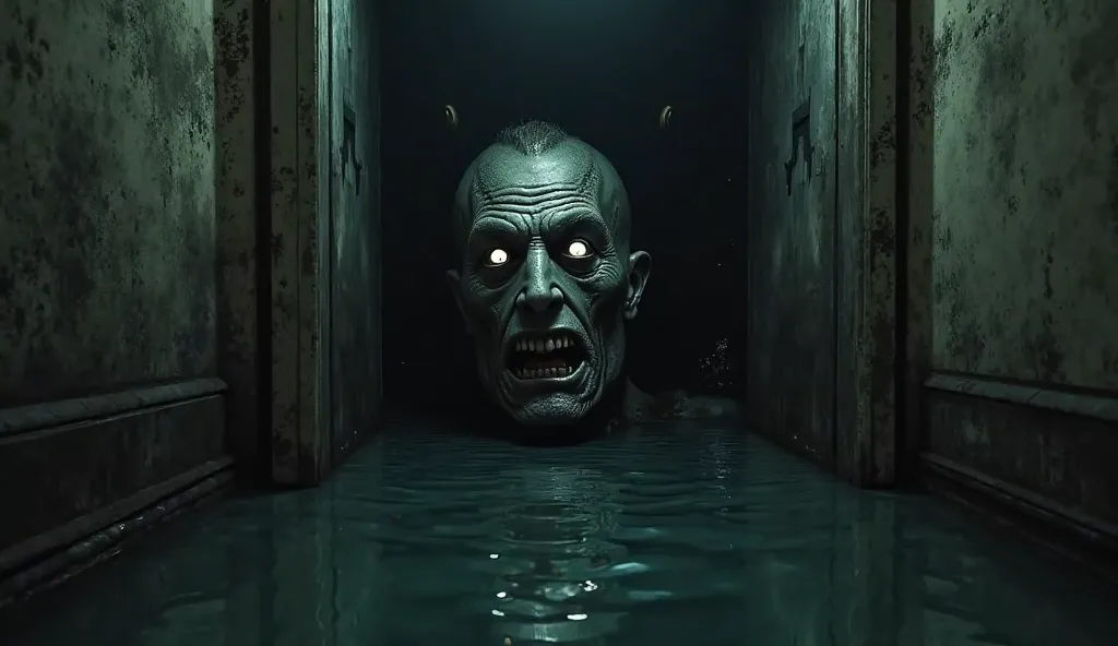 Behind the half-open door, darkness and a terrifying face emerging from the water